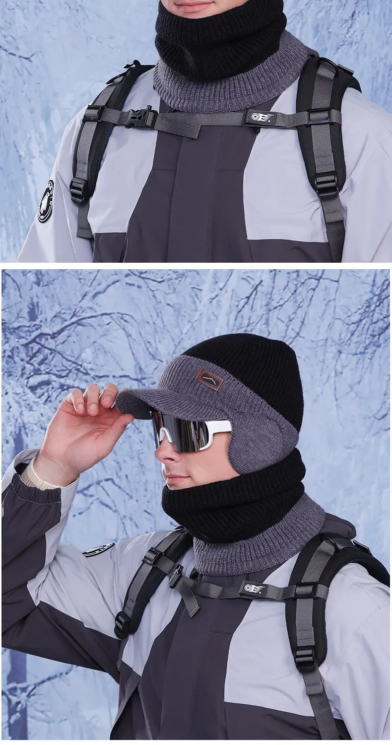 Men Winter Neck Warmer & Hat Set Gray Woolen — feature 13