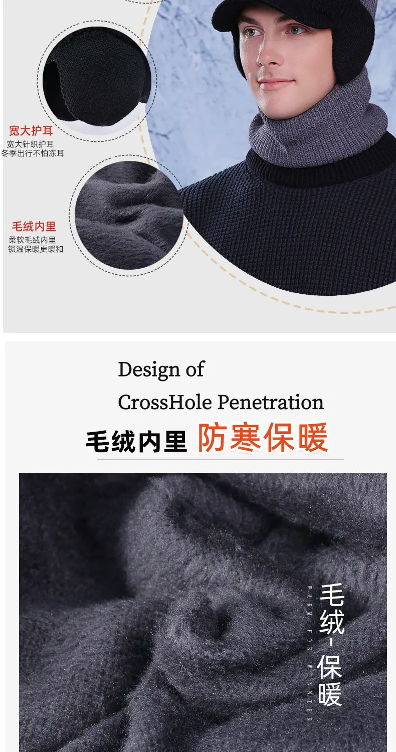 Men Winter Neck Warmer & Hat Set Gray Woolen — feature 2