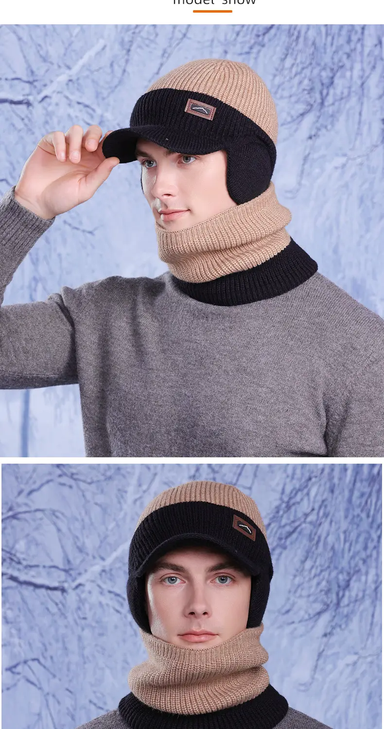 Men Winter Neck Warmer & Hat Set Gray Woolen — feature 9