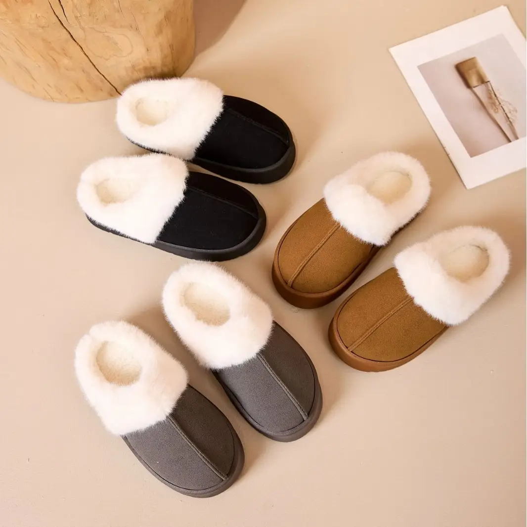 Cross-Border Winter Indoor Plush Slippers with Fleece Lining, Warm, Thick-Soled, Height-Increasing, Non-Slip, Home-Use Women's Cotton Slippers for Export