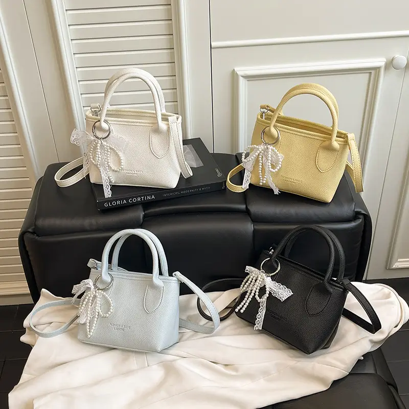 White Lace Bucket Bag with Pearl Drop for Women - Image 12