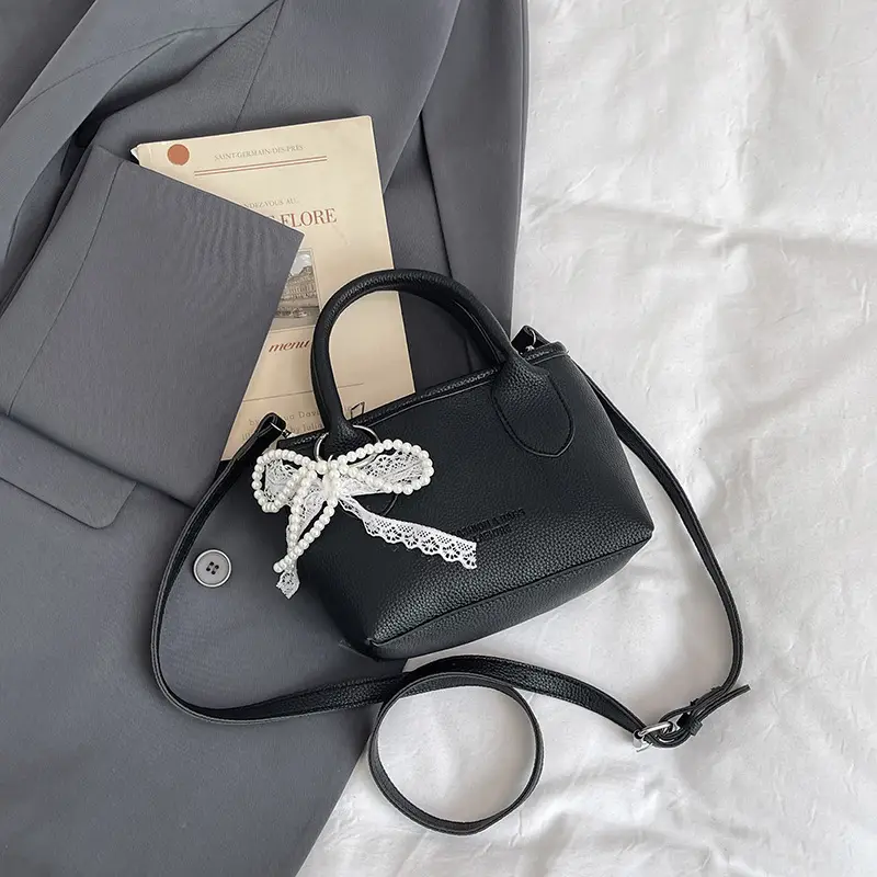 White Lace Bucket Bag with Pearl Drop for Women - Image 5