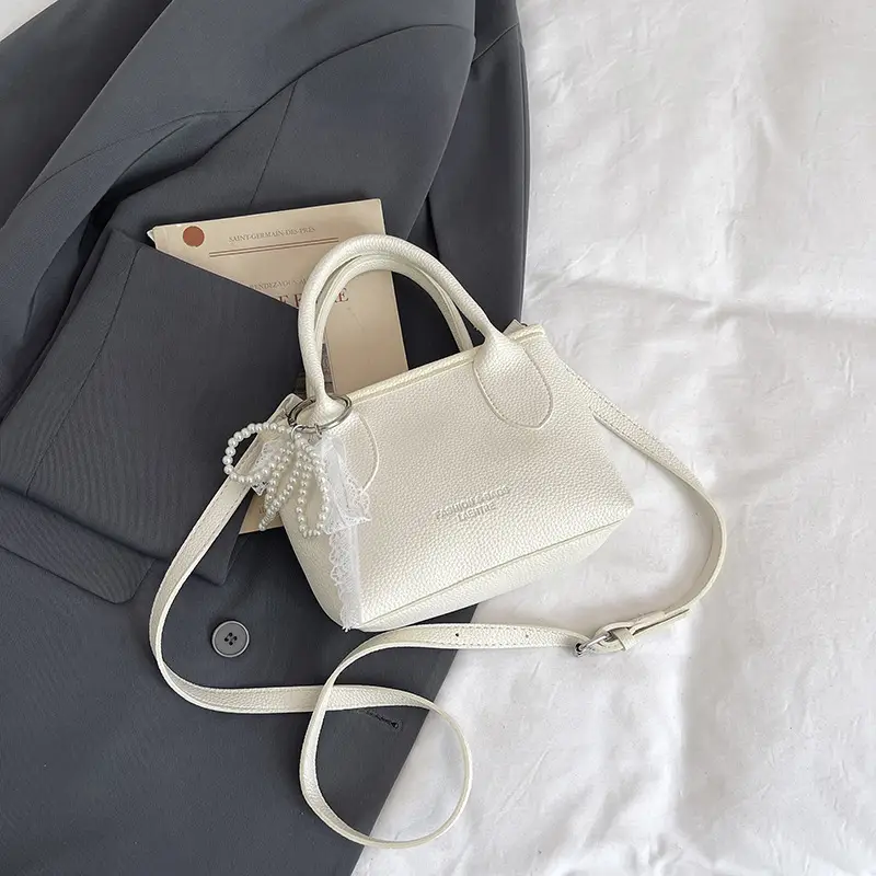 White Lace Bucket Bag with Pearl Drop for Women - Image 6