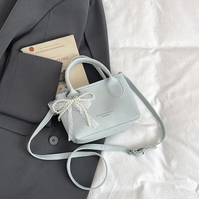 White Lace Bucket Bag with Pearl Drop for Women - Image 8