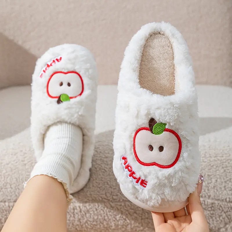 Cute Cartoon Apple Slippers Women Winter Warm Cotton - Image 2