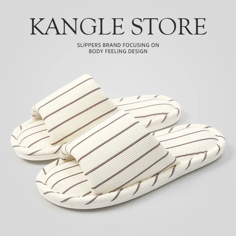 Cotton and Linen Slippers for Home, Suitable for All Seasons, Striped, Simple, Soft-Soled, Air-Conditioned Shoes for Women, Sweat-Absorbent, Ins Style
