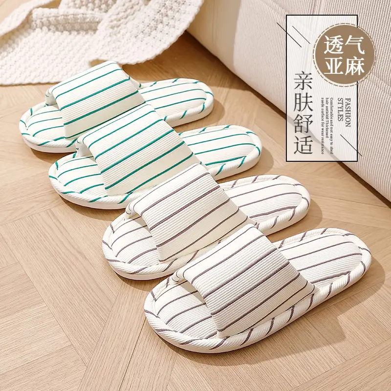 Cotton and Linen Slippers for Home, Suitable for All Seasons, Striped, Simple, Soft-Soled, Air-Conditioned Shoes for Women, Sweat-Absorbent, Ins Style