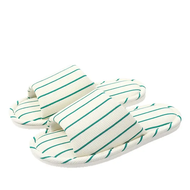 Cotton and Linen Slippers for Home, Suitable for All Seasons, Striped, Simple, Soft-Soled, Air-Conditioned Shoes for Women, Sweat-Absorbent, Ins Style