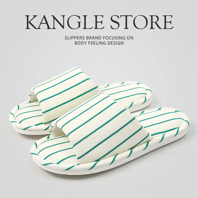 Cotton and Linen Slippers for Home, Suitable for All Seasons, Striped, Simple, Soft-Soled, Air-Conditioned Shoes for Women, Sweat-Absorbent, Ins Style