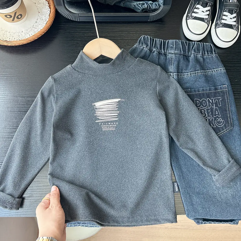 New Autumn Kids Printed Half-High Collar Shirt Set — feature 2
