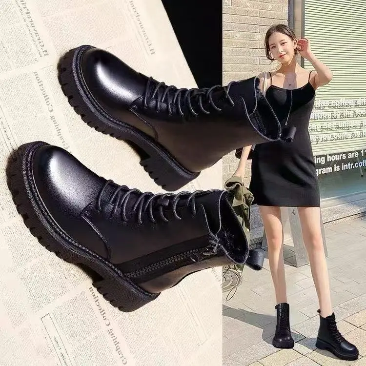 Women's Velvet Short Boots Black Thick Sole British Style - Image 4