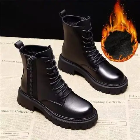 Women's Velvet Short Boots Black Thick Sole British Style - Image 5