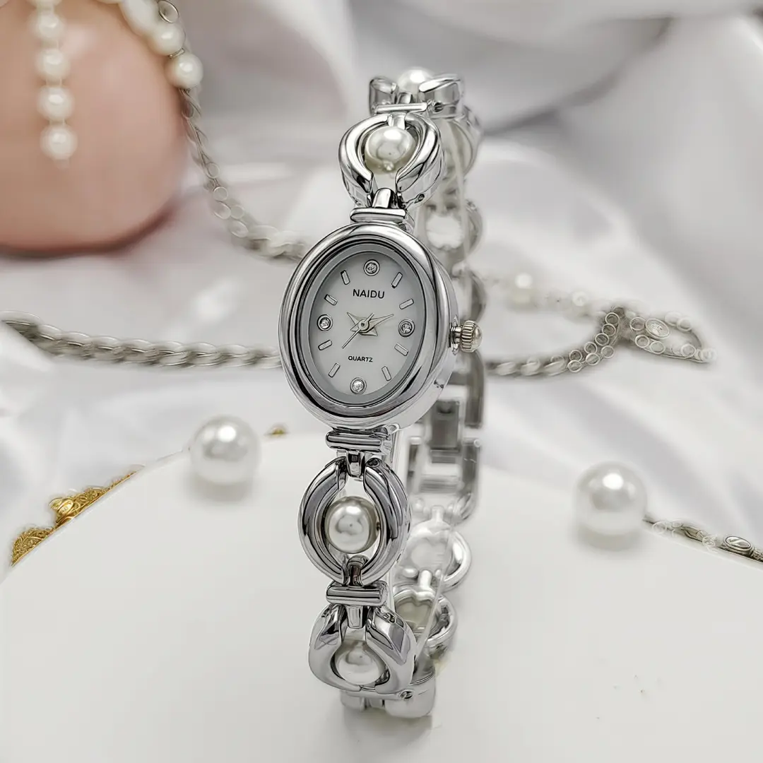 Cross-Border New Bracelet Watch for Women, Oval Steel Band, Second-Hand Light Luxury Imitation Pearl Watch, Temperament Manufacturer Direct Sales Foreign Trade