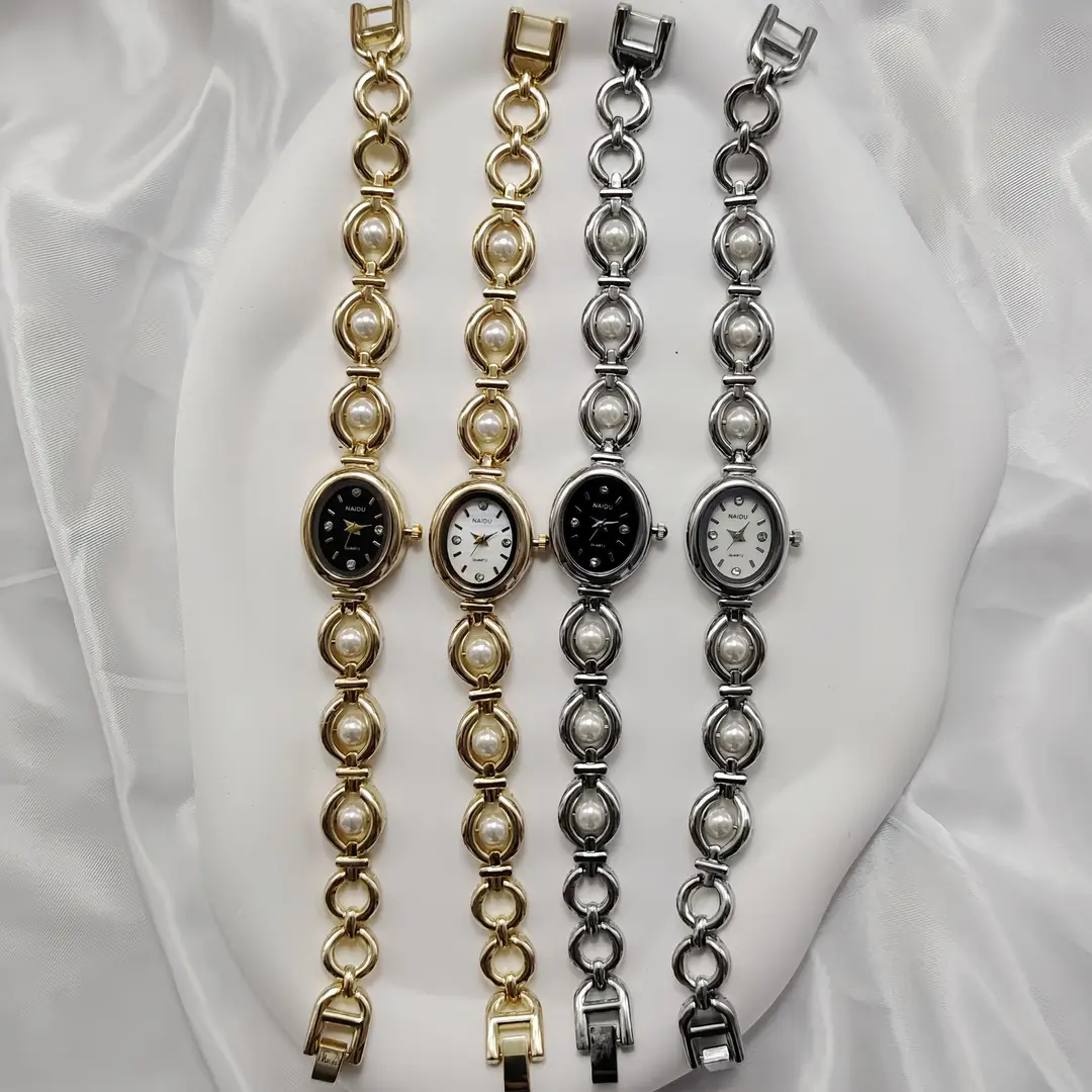 Cross-Border New Bracelet Watch for Women, Oval Steel Band, Second-Hand Light Luxury Imitation Pearl Watch, Temperament Manufacturer Direct Sales Foreign Trade