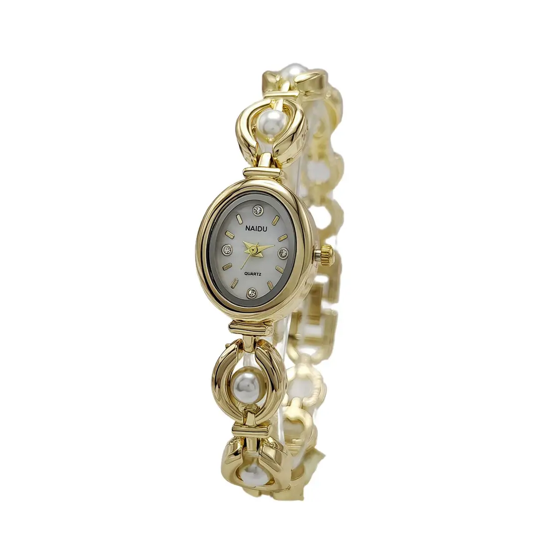 Cross-Border New Bracelet Watch for Women, Oval Steel Band, Second-Hand Light Luxury Imitation Pearl Watch, Temperament Manufacturer Direct Sales Foreign Trade