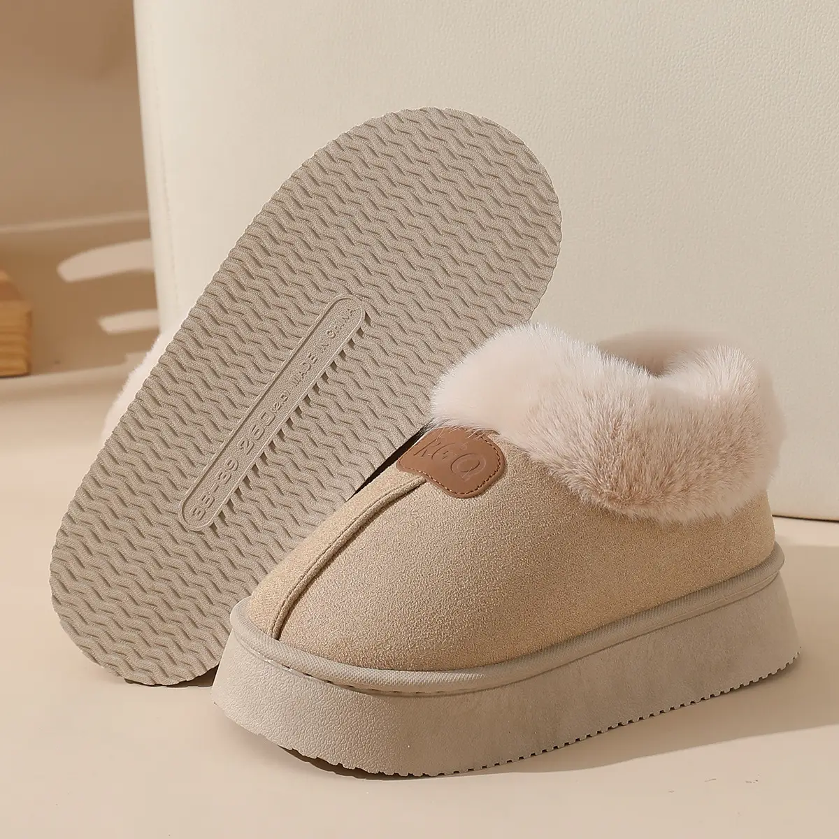 Women Winter Velvet Slippers with Fur Heel Brown