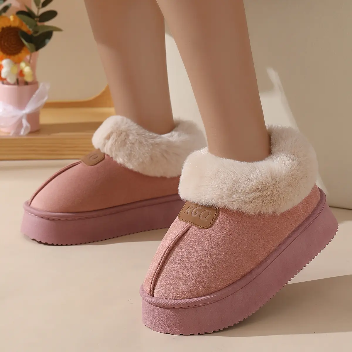 Women Winter Velvet Slippers with Fur Heel Brown