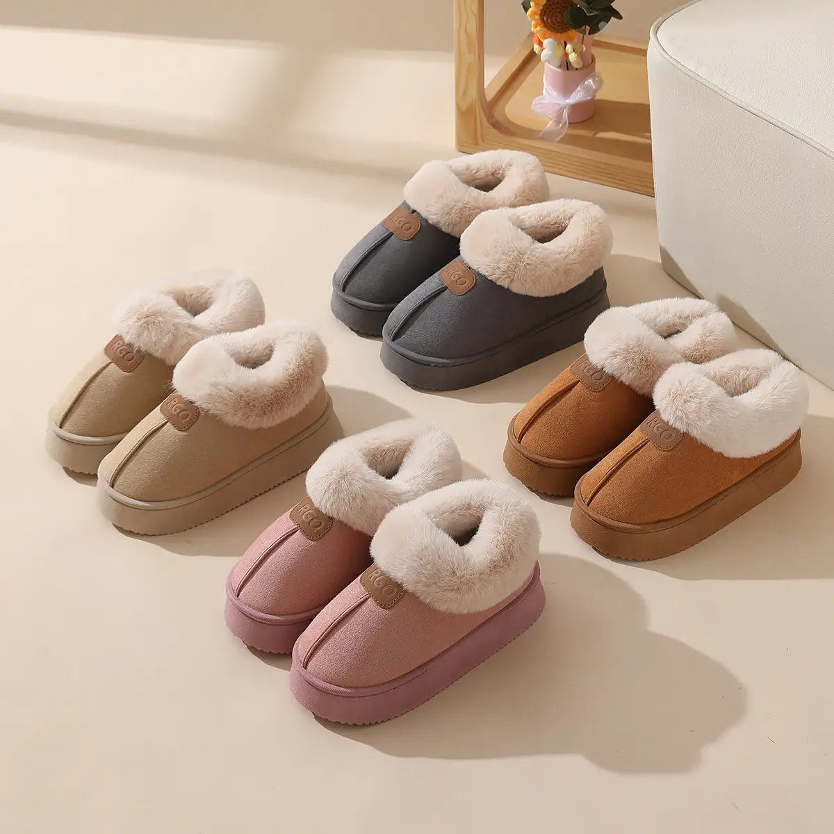 Women Winter Velvet Slippers with Fur Heel Brown