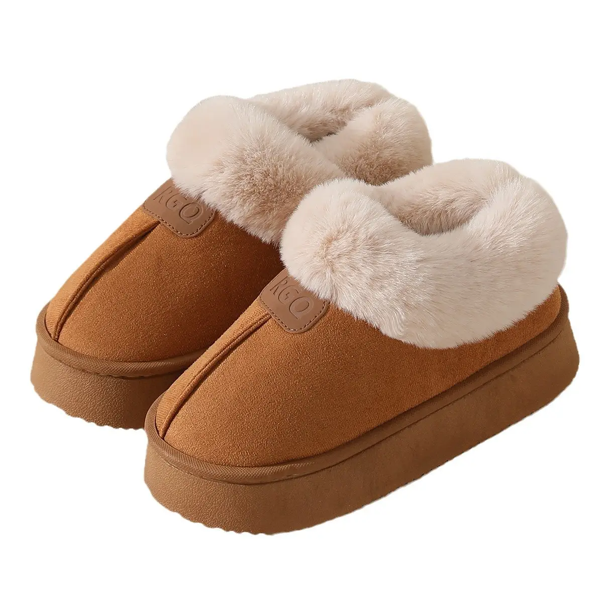 Women Winter Velvet Slippers with Fur Heel Brown