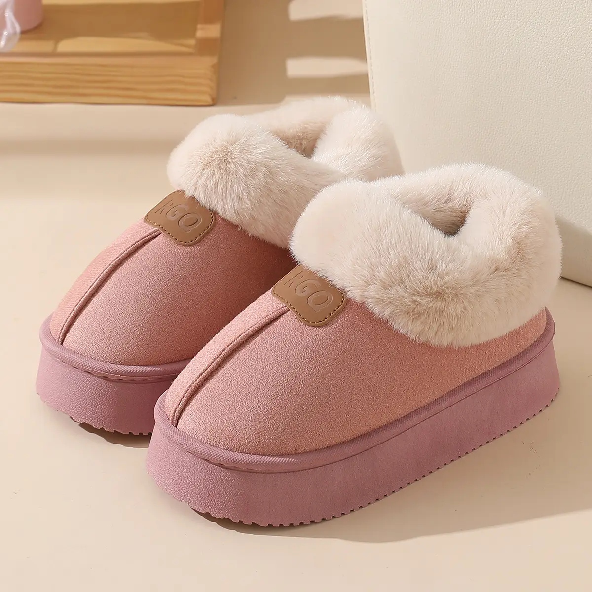 Women Winter Velvet Slippers with Fur Heel Brown