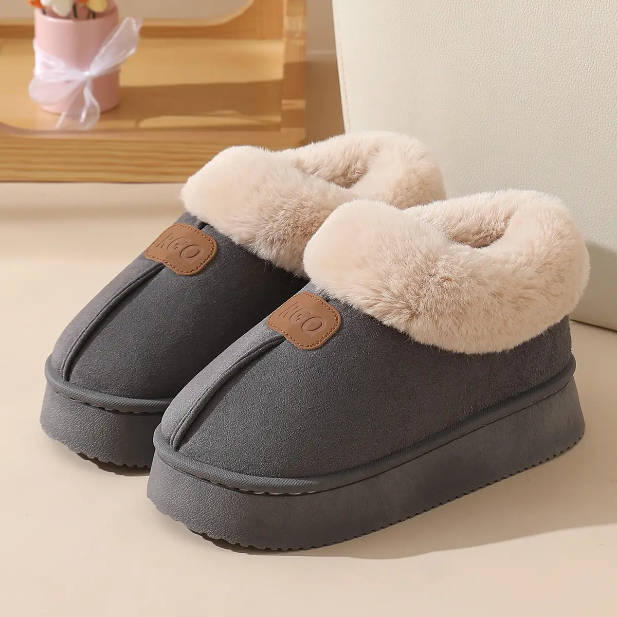 Women Winter Velvet Slippers with Fur Heel Brown