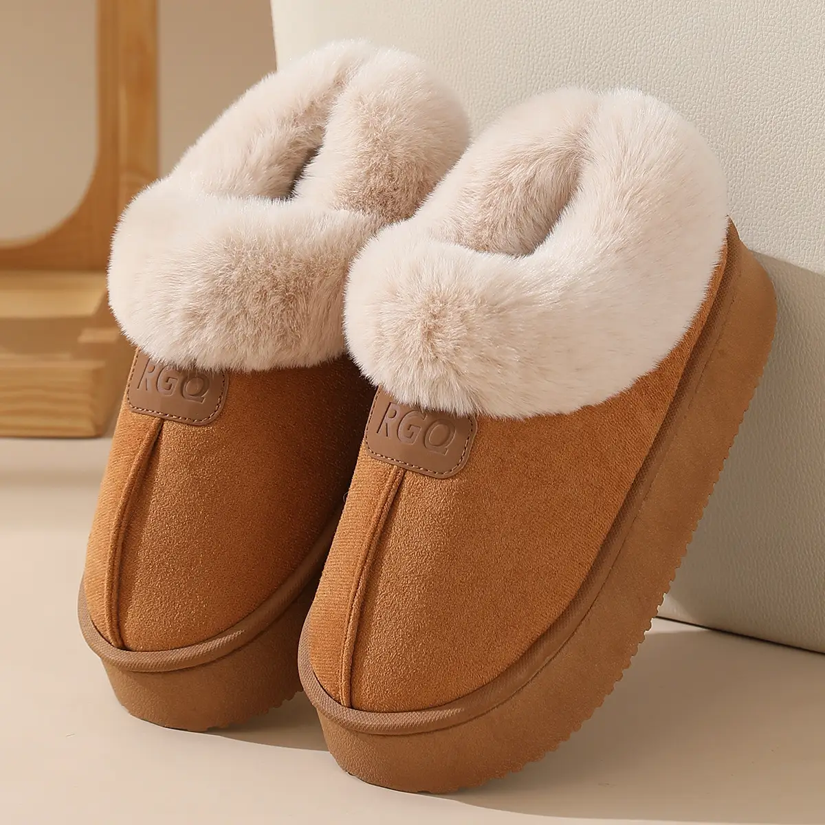 Women Winter Velvet Slippers with Fur Heel Brown