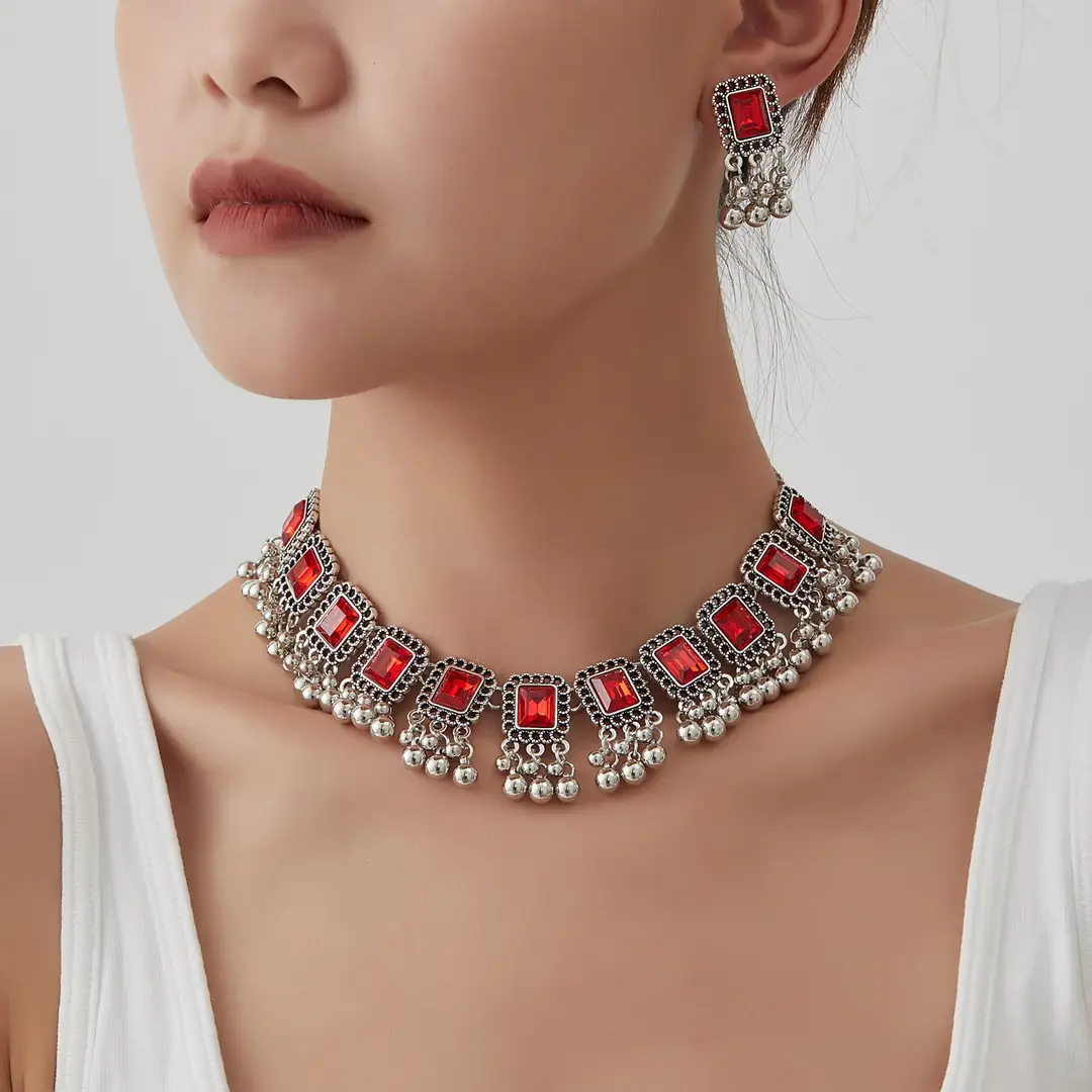 Southeast Asian Fashion Exaggerated Stylish Jewelry Ethnic Style Tassel Necklace Earrings Retro Niche Necklace Two-Piece Set
