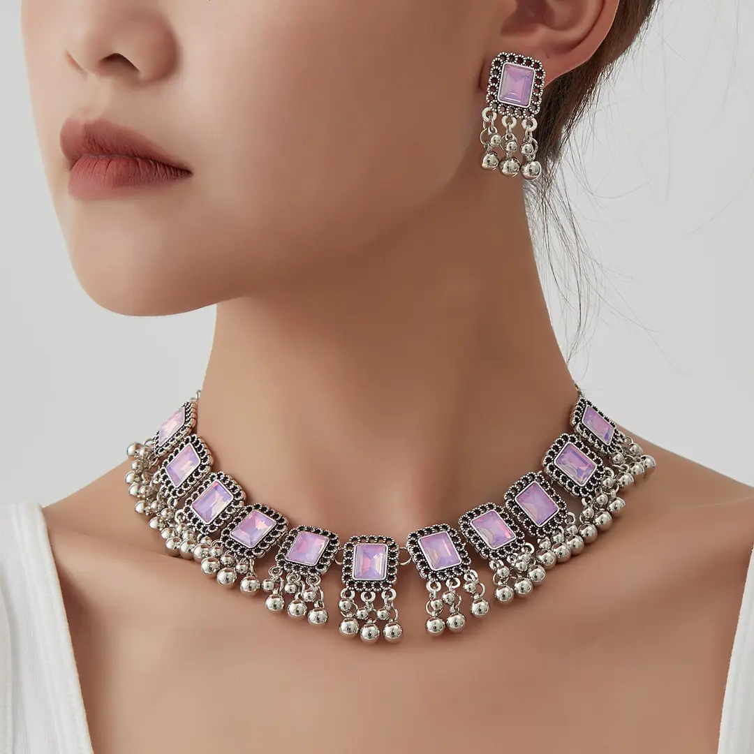 Southeast Asian Fashion Exaggerated Stylish Jewelry Ethnic Style Tassel Necklace Earrings Retro Niche Necklace Two-Piece Set