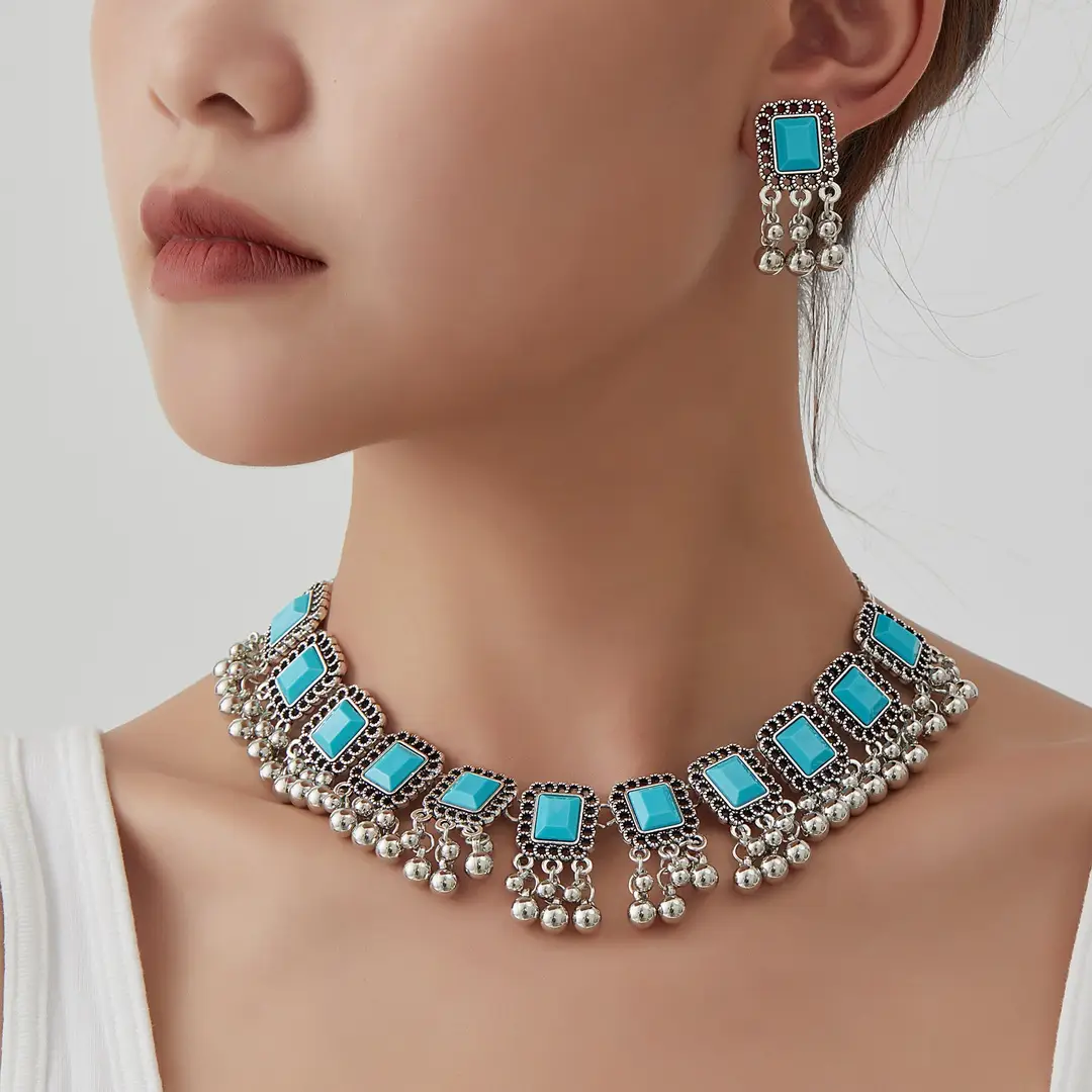 Southeast Asian Fashion Exaggerated Stylish Jewelry Ethnic Style Tassel Necklace Earrings Retro Niche Necklace Two-Piece Set