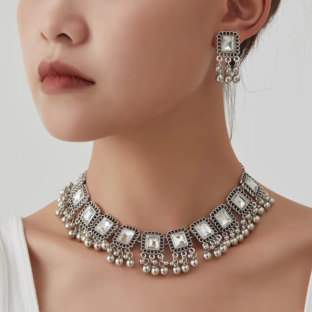 Southeast Asian Fashion Exaggerated Stylish Jewelry Ethnic Style Tassel Necklace Earrings Retro Niche Necklace Two-Piece Set