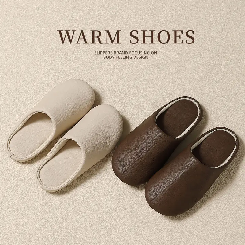 Pu Waterproof Cotton Slippers for Women, New Winter Style, Japanese-Style Soft-Soled Indoor Home Slippers for Men, Warm and Non-Slip Cotton Slippers for Women, Winter Style - Image 16