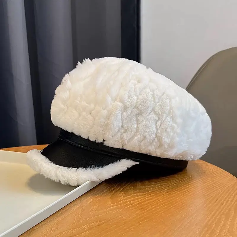 Women Winter Plush Newsboy Cap Beige Duckbill Design - Image 7