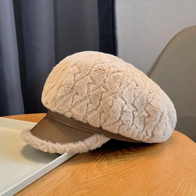 Women Winter Plush Newsboy Cap Beige Duckbill Design - Image 8