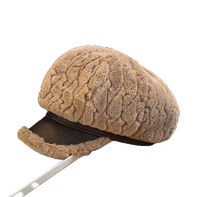 Women Winter Plush Newsboy Cap Beige Duckbill Design - Image 9
