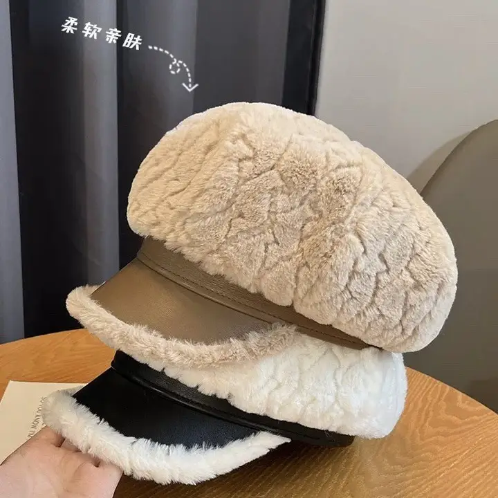 Women Winter Plush Newsboy Cap Beige Duckbill Design — feature 2