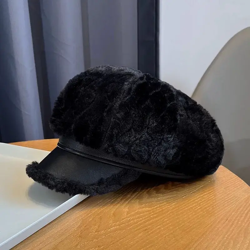 Women Winter Plush Newsboy Cap Beige Duckbill Design — feature 7