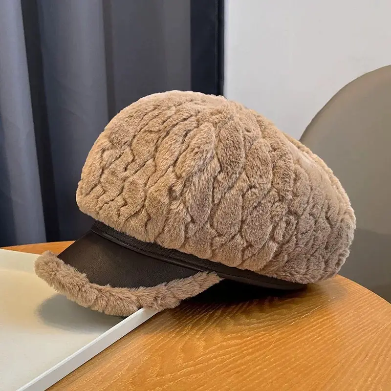 Women Winter Plush Newsboy Cap Beige Duckbill Design - Image 2