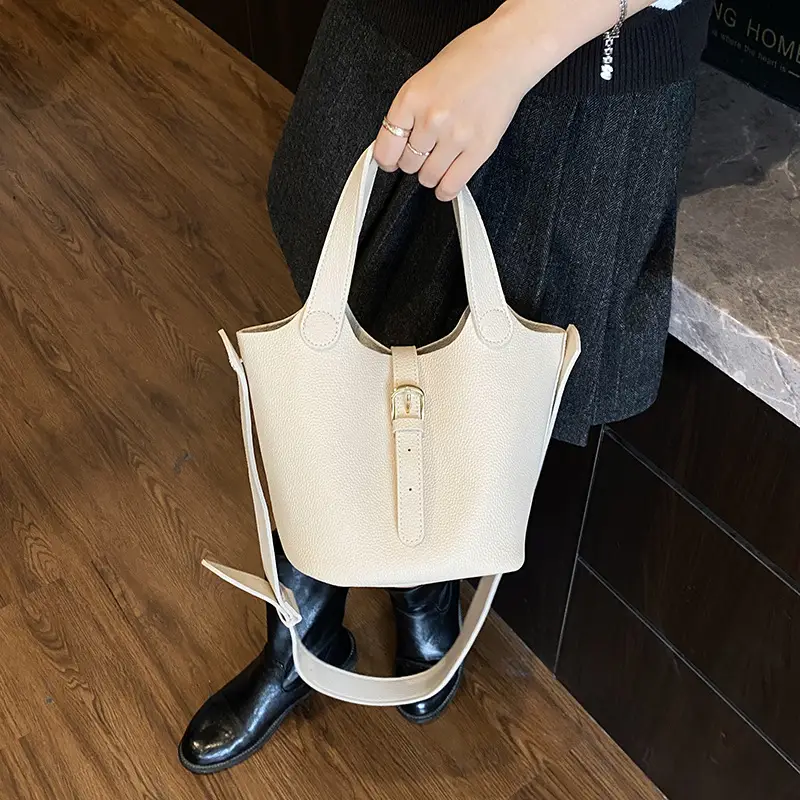 White Leather Bucket Tote Bag for Women