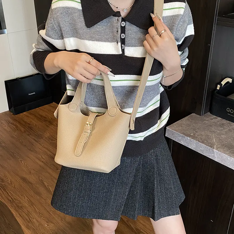 White Leather Bucket Tote Bag for Women