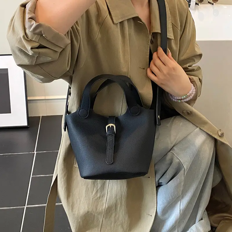 White Leather Bucket Tote Bag for Women