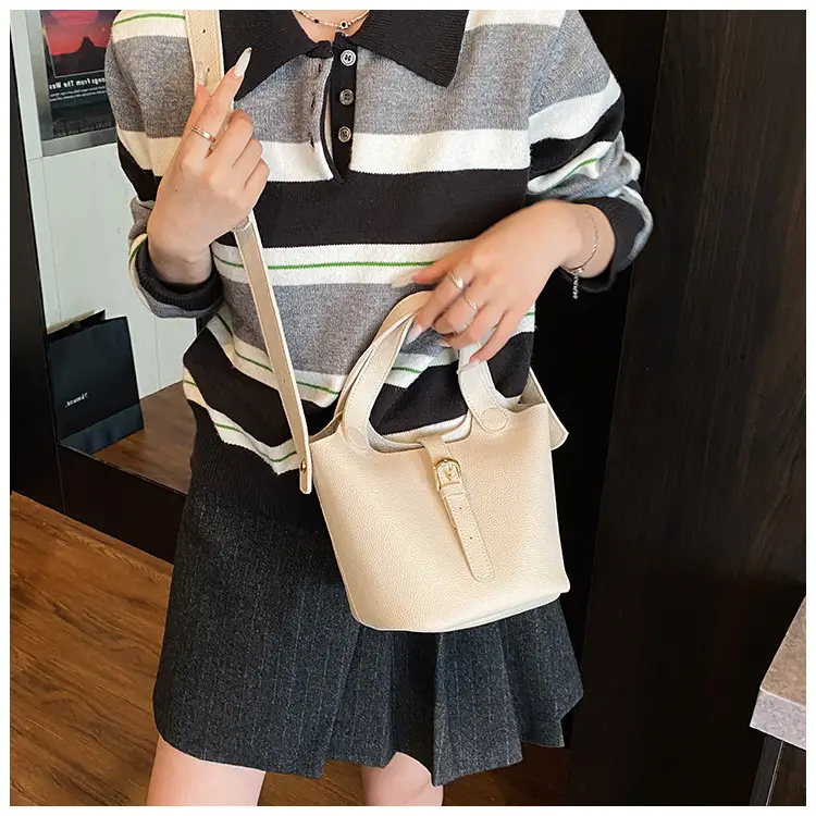 White Leather Bucket Tote Bag for Women — feature 13