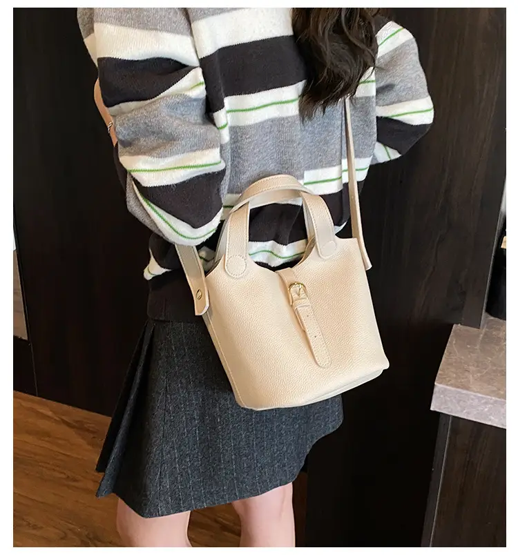 White Leather Bucket Tote Bag for Women — feature 3