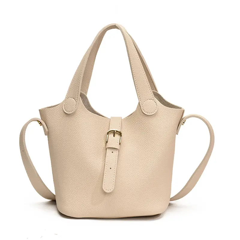 White Leather Bucket Tote Bag for Women