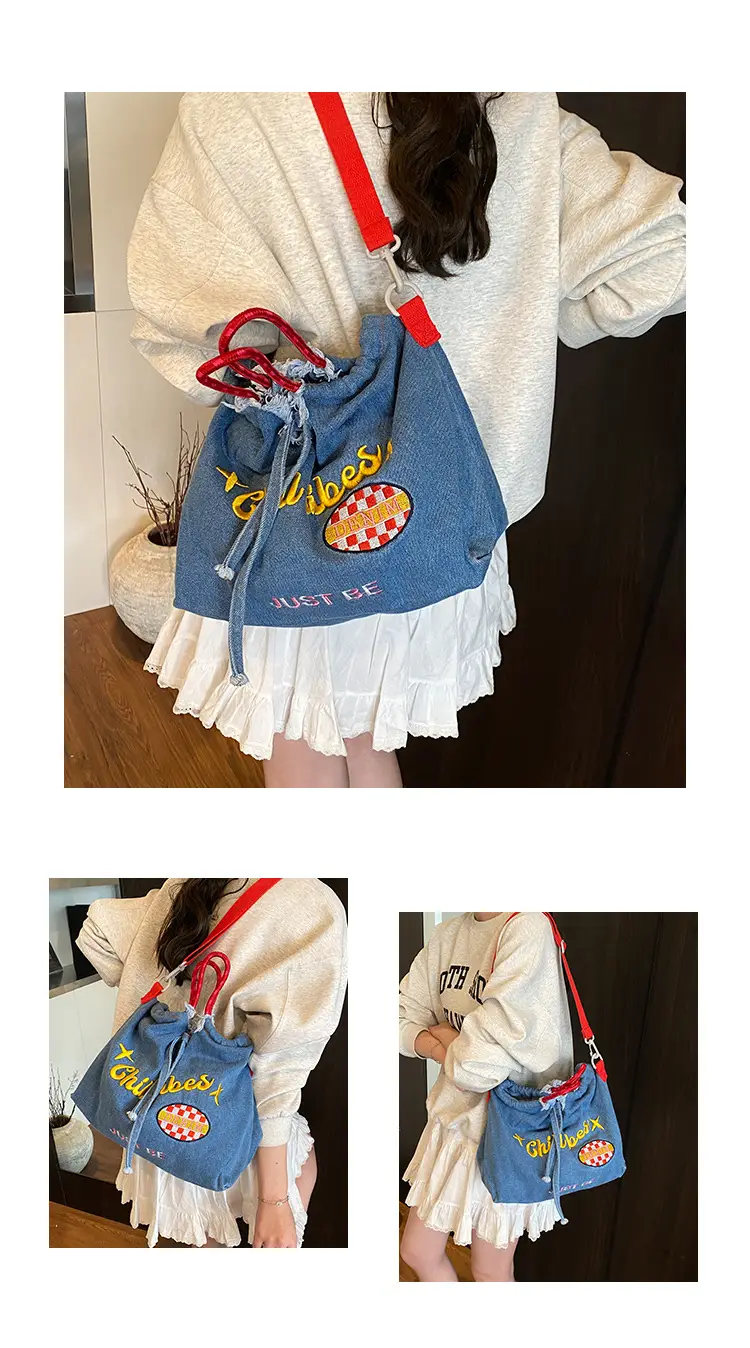 Blue Denim Shoulder Bag with "T Girl Robber" Design — feature 22