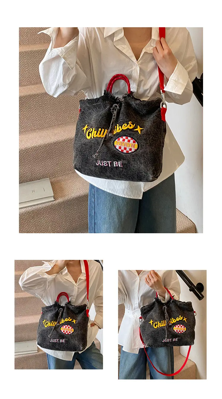 Blue Denim Shoulder Bag with "T Girl Robber" Design — feature 23