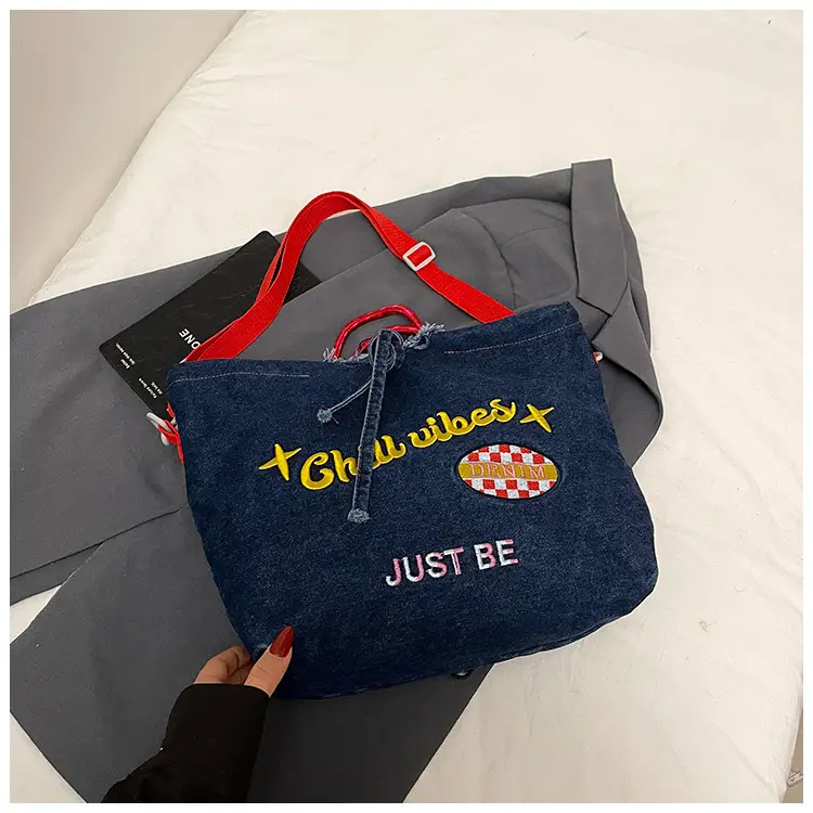 Blue Denim Shoulder Bag with "T Girl Robber" Design - Image 2