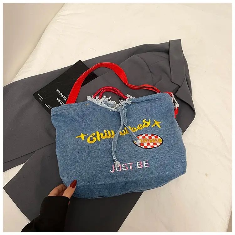 Blue Denim Shoulder Bag with "T Girl Robber" Design - Image 3