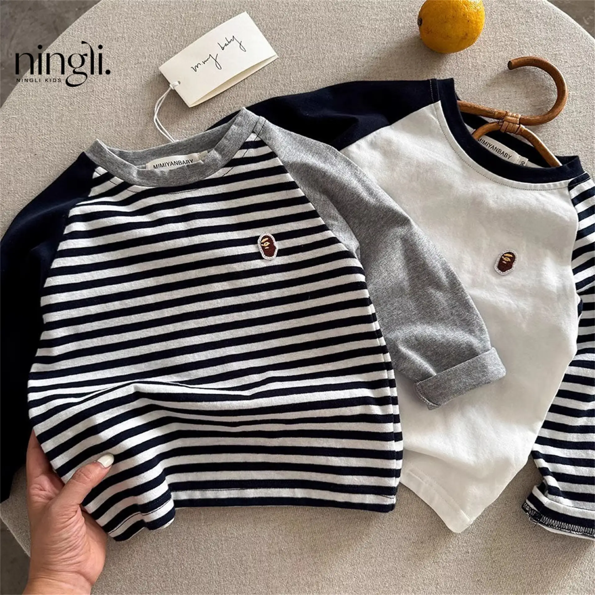 Children Striped Long Sleeve T-Shirt White Navy Autumn Boys - Image 3