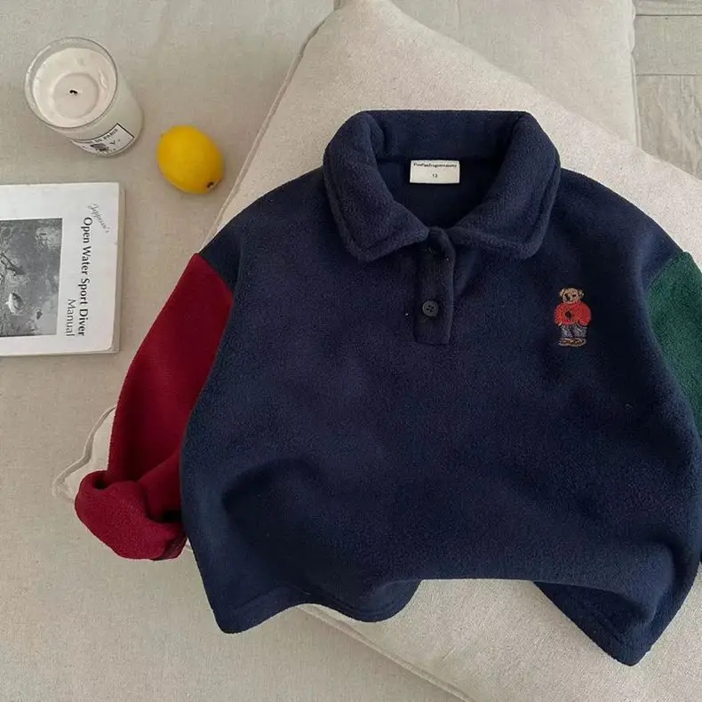 Children's Navy Fleece Polo Shirt with Bear Embroidery