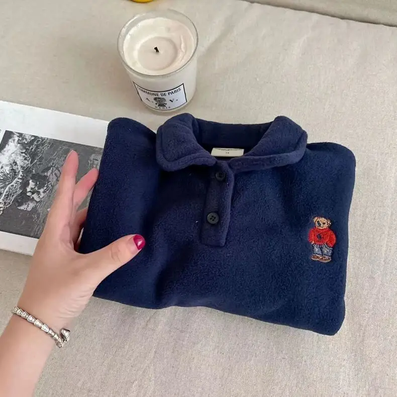 Children's Navy Fleece Polo Shirt with Bear Embroidery